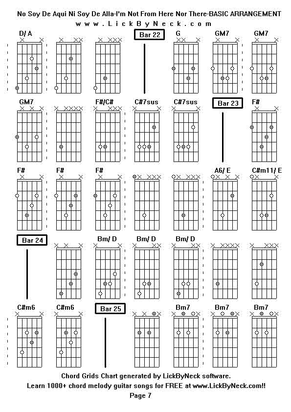 Chord Grids Chart of chord melody fingerstyle guitar song-No Soy De Aqui Ni Soy De Alla-I'm Not From Here Nor There-BASIC ARRANGEMENT,generated by LickByNeck software.